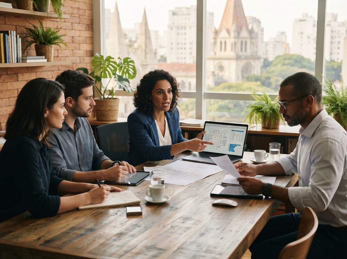 Rendimório — equipe analisando dados financeiros em ambiente corporativo